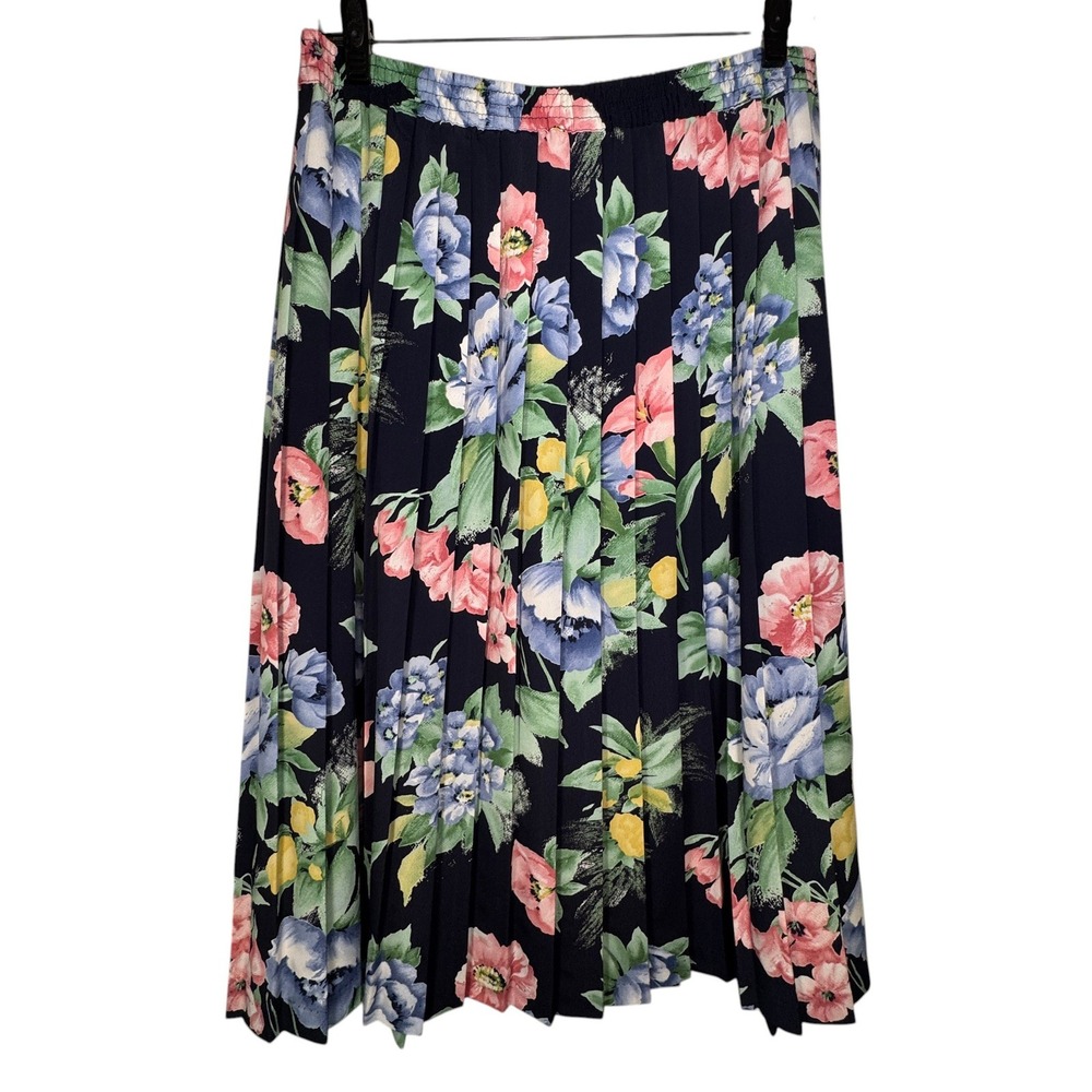Alfred Dunner Floral Pleated Midi Skirt Womens 12P Navy Blue Pink Elastic Waist - Picture 9 of 9
